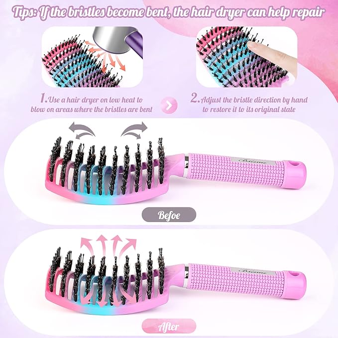 Boar Bristle Hair Brush Curved Vented Detangler Brush Faster Blow Drying, Paddle Detangling Brush for Women Men Kids Wet Dry Long Curly Thick Straight Hair, Make Hair Shiny and Healthier(Purple+Green)
