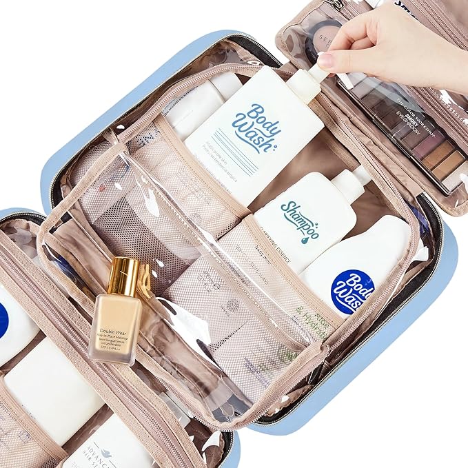 NISHEL Travel Toiletry Bag for women, Portable Hanging Organizer for Full-Sized Shampoo, Conditioner, Brushes Set, Makeup Accessories, Large Size, Placid-Blue