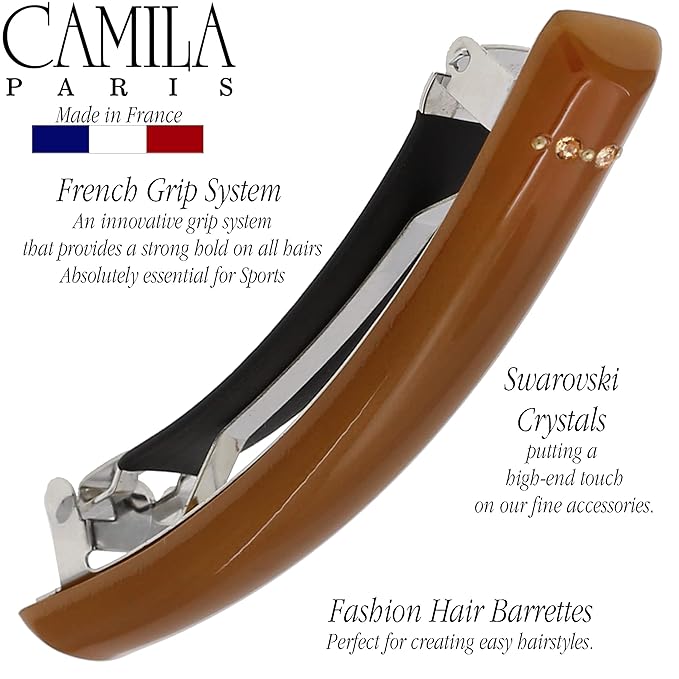 Camila Paris CP3449 French Hair Barrette Clip for Girls Caramel, Rubberized Metal Clasp Strong Hold Grip Hair Clips for Women, No Slip Durable and Styling Girls Hair Accessories, Made in France