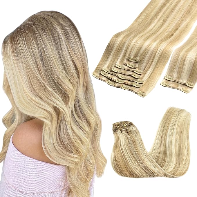 GOO GOO Clip in Hair Extensions Real Human Hair, Remy Human Hair Extensions Clip ins for Women, Natural Human Hair, 16inch 150g 9Pcs, 18A/613A Dark Blonde Highlighted Bleach Blonde