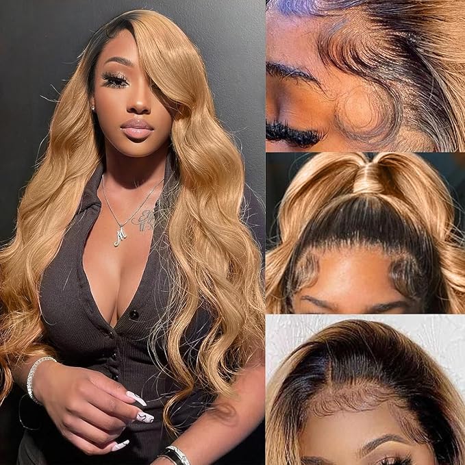 Honey Blonde Lace Front Wigs Human Hair 13x6 Ombre HD Transparent Lace Frontal Wig for Women 12A Body Wave Lace Front Wigs Human Hairs Pre Plucked with Baby Hair