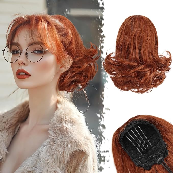 BARSDAR Copper Red Ponytail Extension - 10 Inch Short Wavy Drawstring Ponytail Hair Extensions for Women - Synthetic Comb Clip in Ponytail Hairpieces Fake Pony Tails - Copper Red