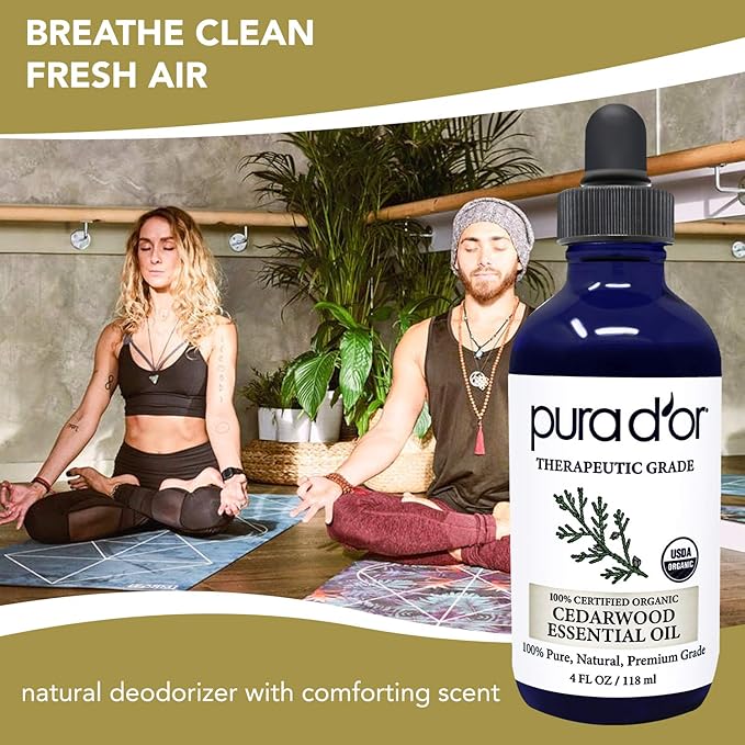 PURA D'OR Organic Cedarwood Essential Oil (4oz with Glass Dropper) 100% Pure & Natural Therapeutic Grade for Hair, Body, Skin, Aromatherapy Diffuser, Relaxation, Massage, Odors, Home, DIY Soap