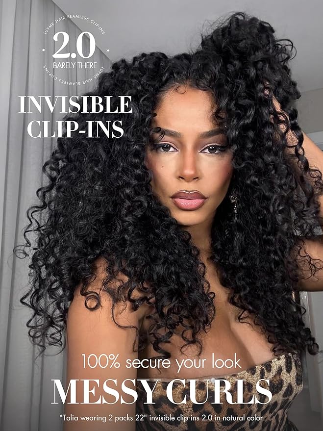 LUVME Invisible Clip in Hair Extensions 2 Pack Messy Curly Real Human Hair, Remy Hair Clip ins for Women, Natural Human Hair, 14 inch 220g 12Pcs, Natural Black