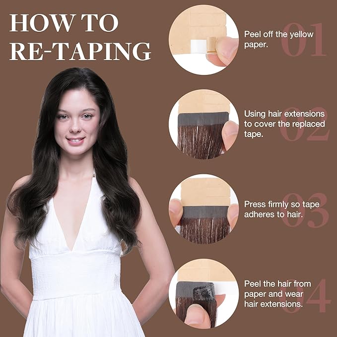 GOO GOO Tape in Hair Extensions Human Hair, 2 Dark Brown, 16inch 25g 10pcs, Skin Weft Seamless Invisible, Silky Straight with Thick Ends, Remy Human Hair