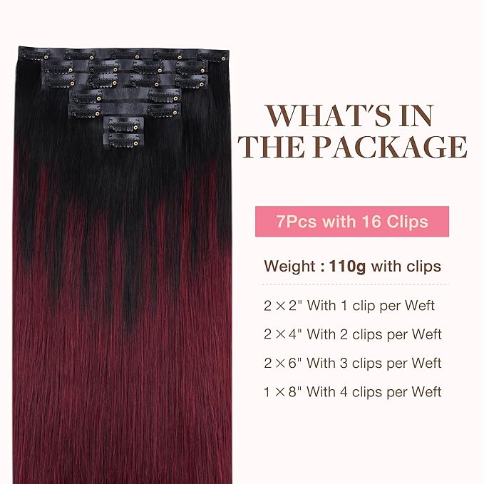 GOO GOO Clip in Hair Extensions Real Human Hair, Remy Human Hair Extensions Clip ins for Women, Natural Human Hair, 22inch 160g 7 Pcs, #1/99j Balayage Jet Black to Red Seamless Blend
