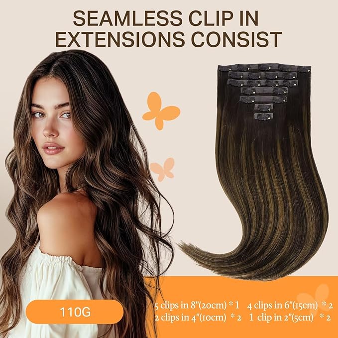 DOORES Seamless Clip in Human Hair Extensions - Dark Brown to Chestnut Brown, 7pcs 110g 20 Inch, Invisi Edge Remy Natural Straight