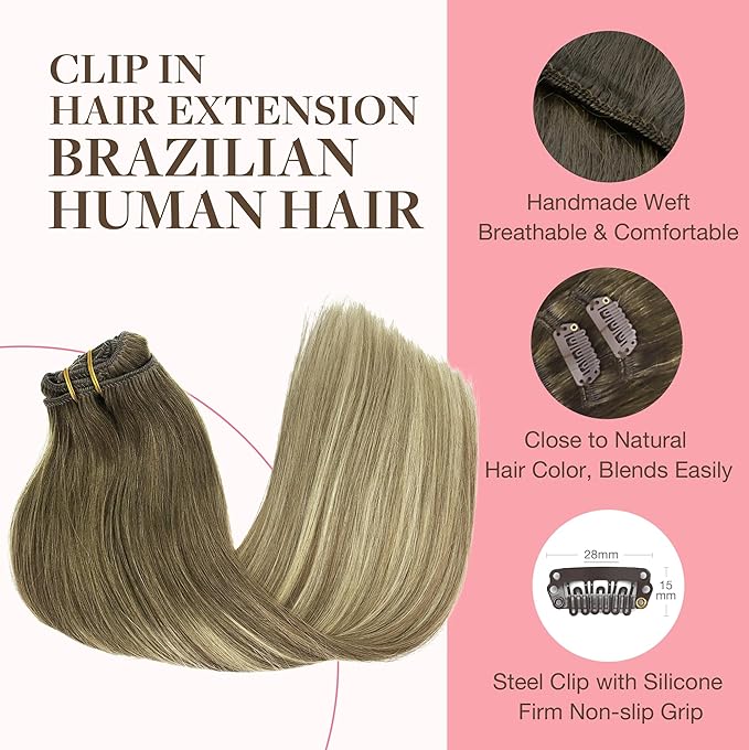 GOO GOO Clip in Hair Extensions Real Human Hair, Remy Human Hair Extensions Clip ins for Women, Natural Human Hair, 16inch 120g 7Pcs, 3/8/613 Balayage Walnut Brown to Ash Brown and Bleach Blonde