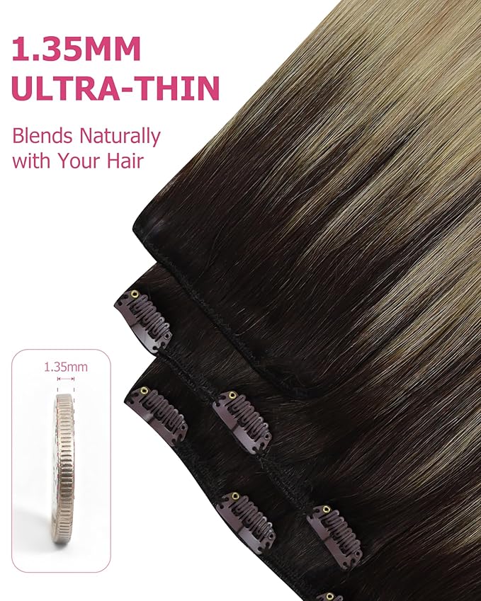 YoungSee Clip in Hair Extensions Human Hair Ombre Real Hair Extensions Clip in Human Hair Medium Brown Ombre Golden Mix Platinum Blonde Balayage Easy to Put on Clip in Hair Extension 7Pcs 24In 120G