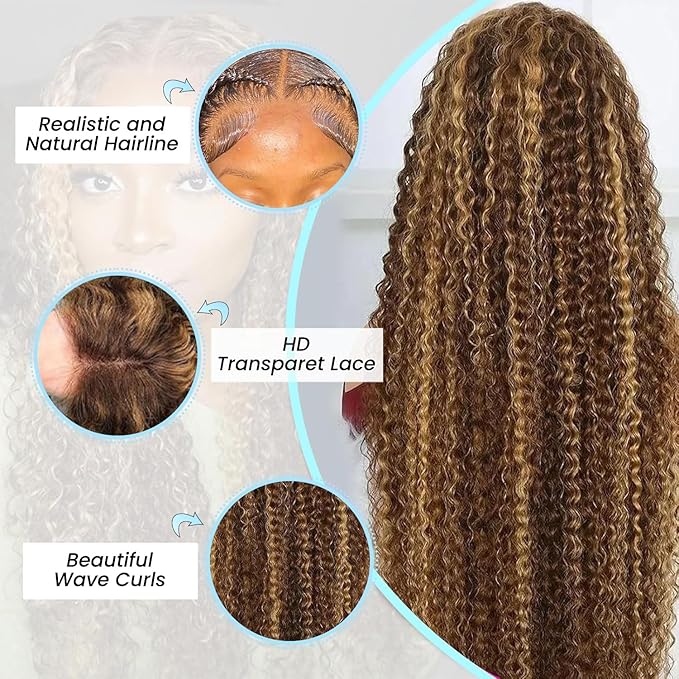 30inch Highlight Ombre Lace Front Wig Human Hair Deep Wave 13x6 HD Honey Blonde Lace Frontal Wigs P4/27 Curly Human Hair Wig Glueless Wigs Human Hair