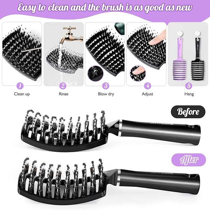 URTHEONE Hair Brush,Detangling Hairbrush Boar Bristle Hair Brushes for Women Men Kids Curly Thick Long Short Wet or Dry Hair, Curved Vented Detangler Brush for Faster Blow Drying (Black)