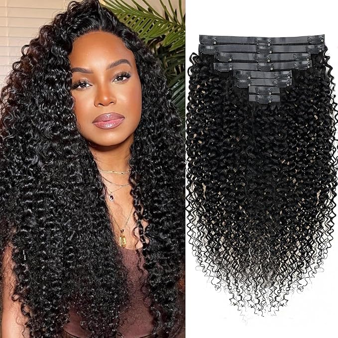 Seamless Kinky Curly Clip in Hair Extensions Real Human hair For Women Brazilian Virgin 3c 4a Curly Clip ins Human Hair Extensions (20inch,#1B)