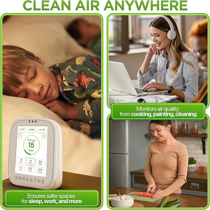 BREATHE Airmonitor Plus: Smart Air Quality Monitor Indoor - 8-in-1 CO2 Meter, Formaldehyde Detector, VOC Meter, PM1/2.5/10, Temperature & Humidity - Air Quality Tester for Home with App