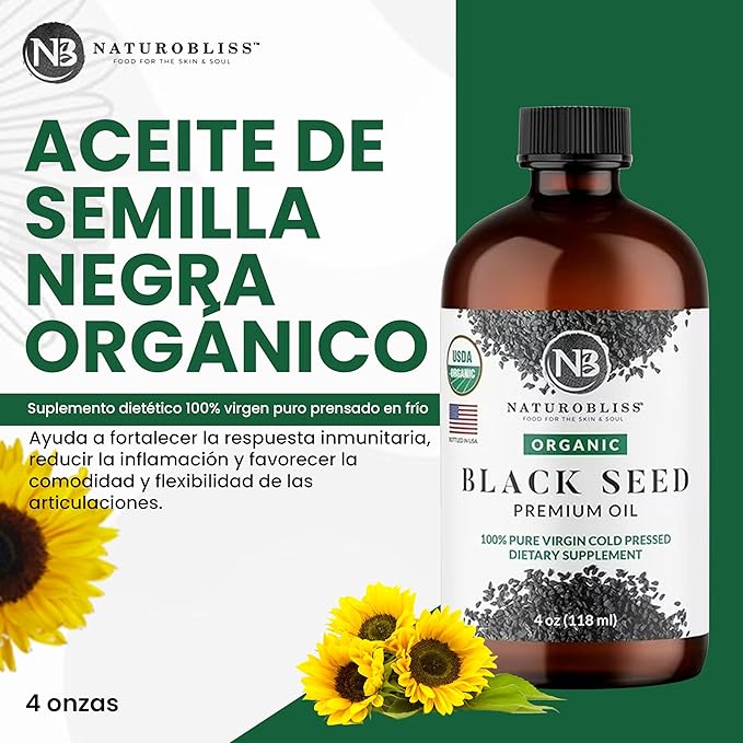 NaturoBliss Organic Black Seed Oil 100% Virgin Cold Pressed Omega 3 6 9 Super Antioxidant for Immune Support, Joints, Mobility, Digestion, Hair Skin Vegan, Gluten-Free, Non-GMO USDA Certified 4oz