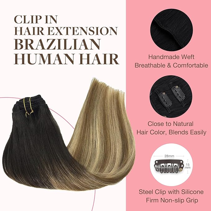 GOO GOO Clip in Hair Extensions Real Human Hair, Remy Human Hair Extensions Clip ins for Women, Natural Human Hair, 22inch 120g 7Pcs, 2/6/18 Balayage Brown to Dirty Blonde