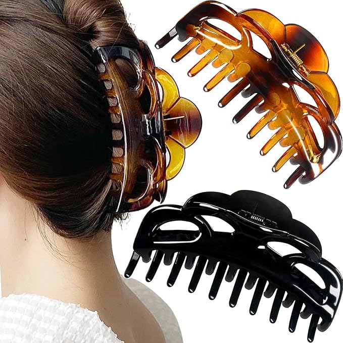 Large Hair Clips for Thick Hair Plastic Big Claw Clips Updo Hair Styling Accessories for Women Strong Hold Jumbo Hair Jaw Clips(Arc-Black+Brownish)