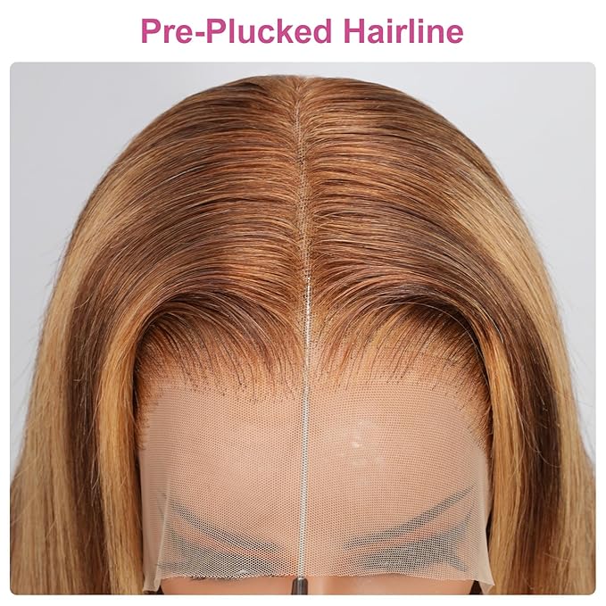210% Density 13x6 Highlight Ombre Full Lace Frontal Wigs Human Hair 12A Body Wave Brazilian Human Hair Pre Plucked 4/27 Honey Blonde HD Glueless Transparent Lace with Baby Hair 18 Inch
