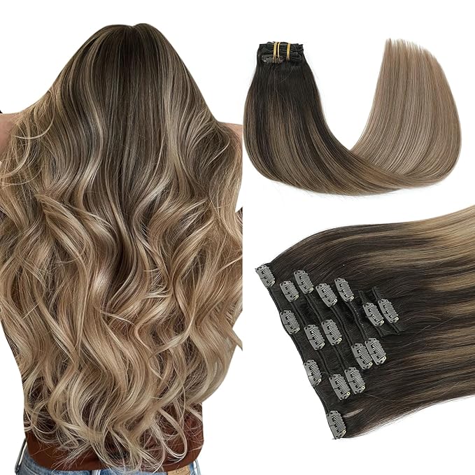 PINKPEARL Clip in Hair Extensions Real Human Hair #2/6/18 Balayage Dark Brown to Chestnut Brown and Ash Blonde 7pcs 120g 18inch Ombre Remy Human Hair Extensios Clip ins(#2/6/18-18)
