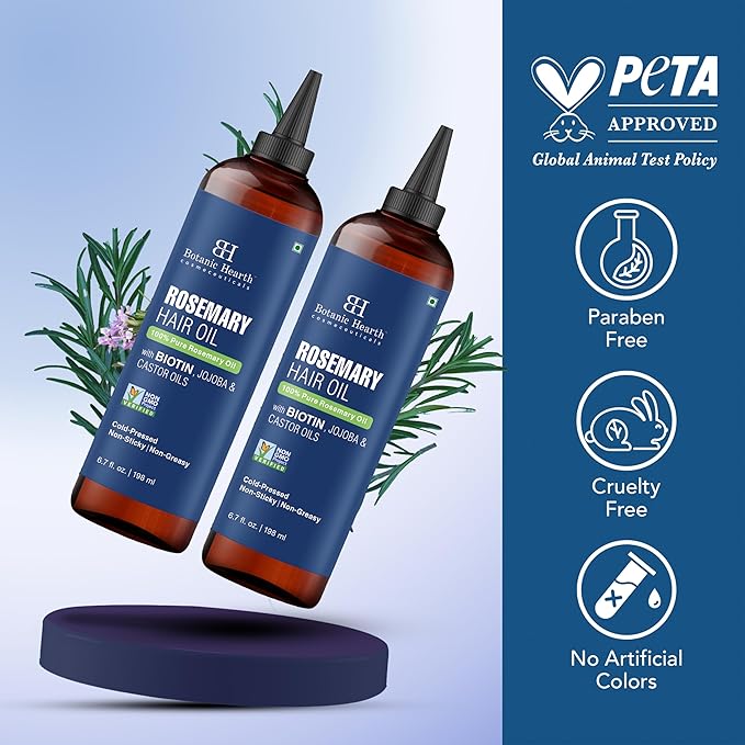 Botanic Hearth Rosemary Oil for Hair Growth | Strengthening Biotin, Jojoba, Castor Hair Growth Oil for frizzy hair | Dry, Damaged Scalp Treatment | Color Safe | All Hair Types | 6.7 Fl Oz (2 Pack)