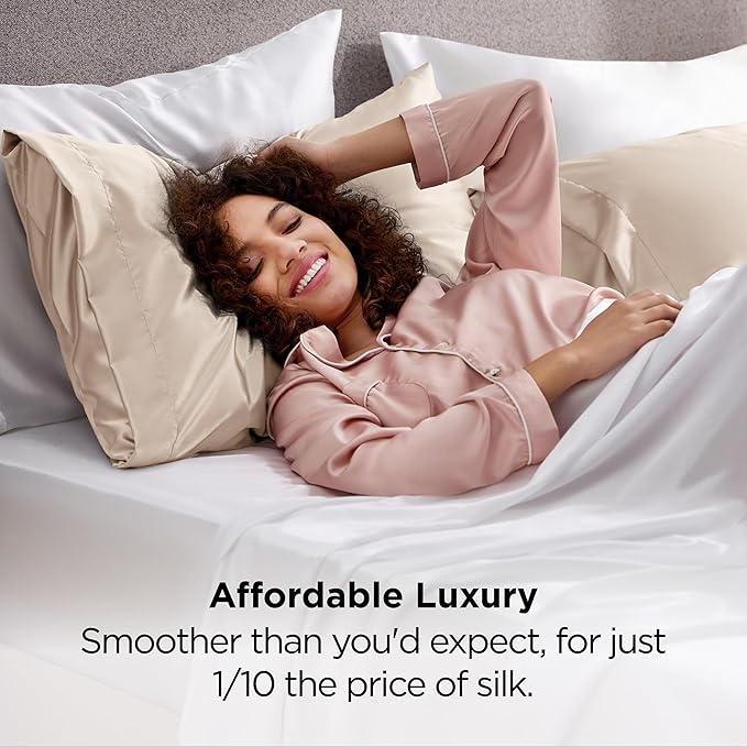 Bedsure Satin Pillowcases, Similar to Silk Pillow Cases Queen Size Set of 2, Cooling Pillow Case for Sleeping Women with Envelope Closure, Gifts for Women Men, Beige, 20x30 Inches, 2pcs