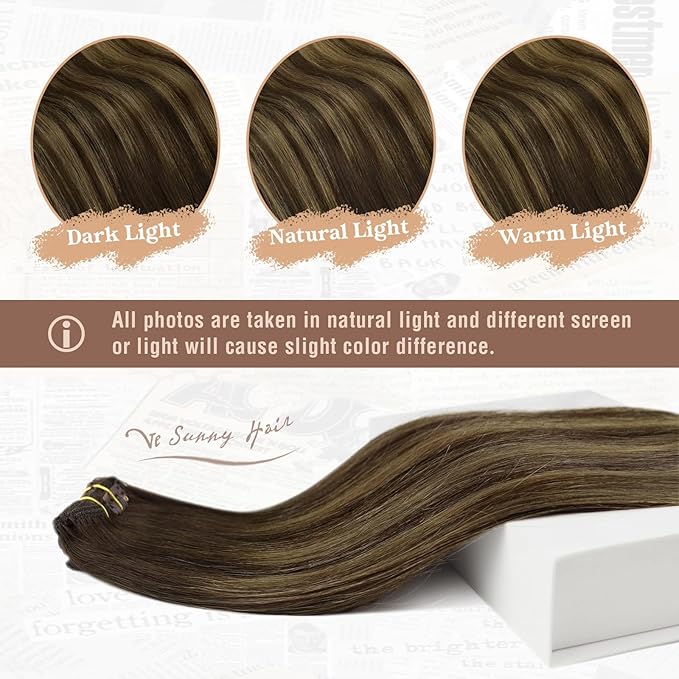 Ve Sunny Balayage Clip in Hair Extensions Human Hair Extensions Clip ins Dark Brown Ombre Caramel Blonde Clip in Extensions Real Human Hair for Long Straight Hair 22inch 120g 7pcs