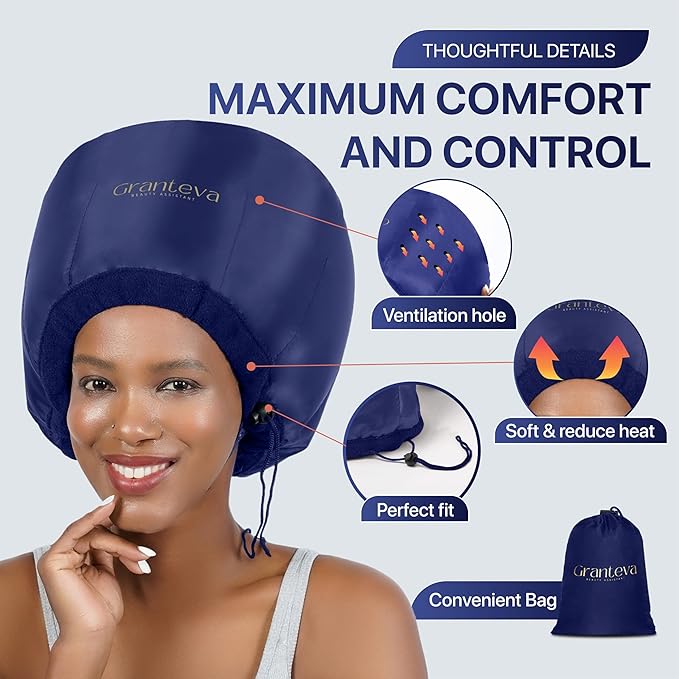 Granteva Hair Dryer Bonnet Attachment w/A Headband Integrated That Reduces Heat Around Ears & Neck - Blow Dryer Attachment for Hair Dryer, Speeds Up Drying Time