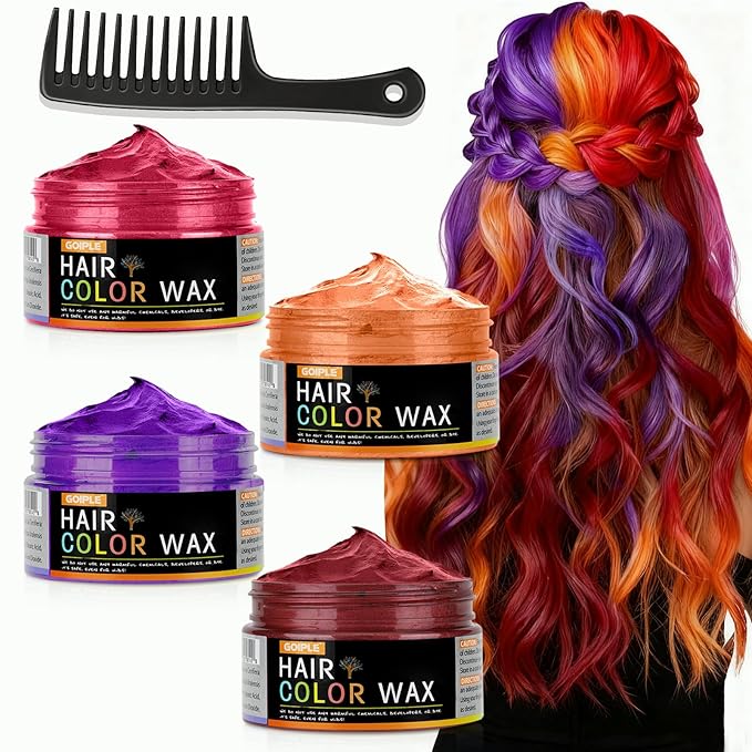 4 Colors Temporary Hair Color Wax for Christmas Party, Stocking Stuffers-DIY Washable Natural Instant Hair Color for Women Temporary Hair Dye for Kids Teens Women Men (Red&Orange&Claret&Purple 5 pcs)
