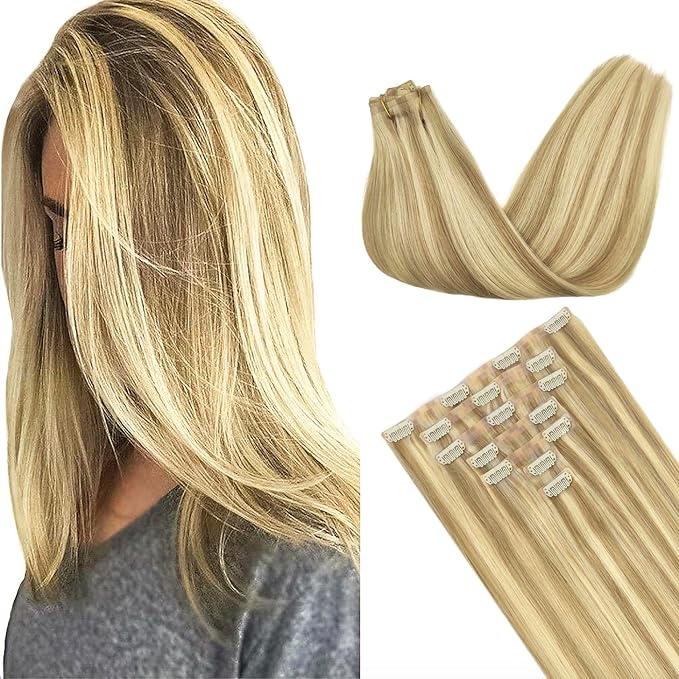 GOO GOO Clip in Hair Extensions Real Human Hair, Remy Human Hair Extensions Clip ins for Women, Natural Human Hair, 22inch 160g 7Pcs, #16/22 Light Blonde Highlighted Golden Blonde