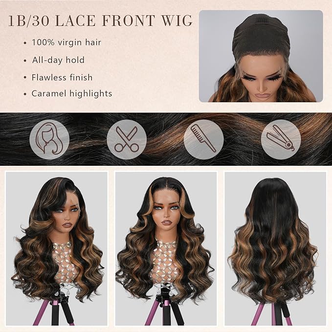 1B/30 Highlight Ombre Body Wave 13x4 Full Frontal Lace Wig SKINLIKE Swiss HD Lace Wig 0.10mm Ultra-thin Invisible Pre plucked Bleached Tiny Knots Balayage Brown Colored Wigs for Women 200% Density