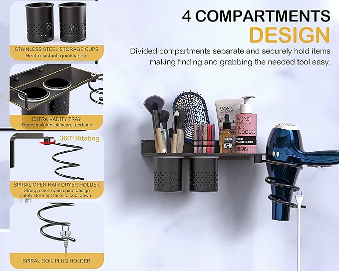 MyLifeUNIT Hair Dryer Holder, Wall Mounted Blow Dryer Organizer with 2 Cups, Bathroom Hair Styling Tools Shelf