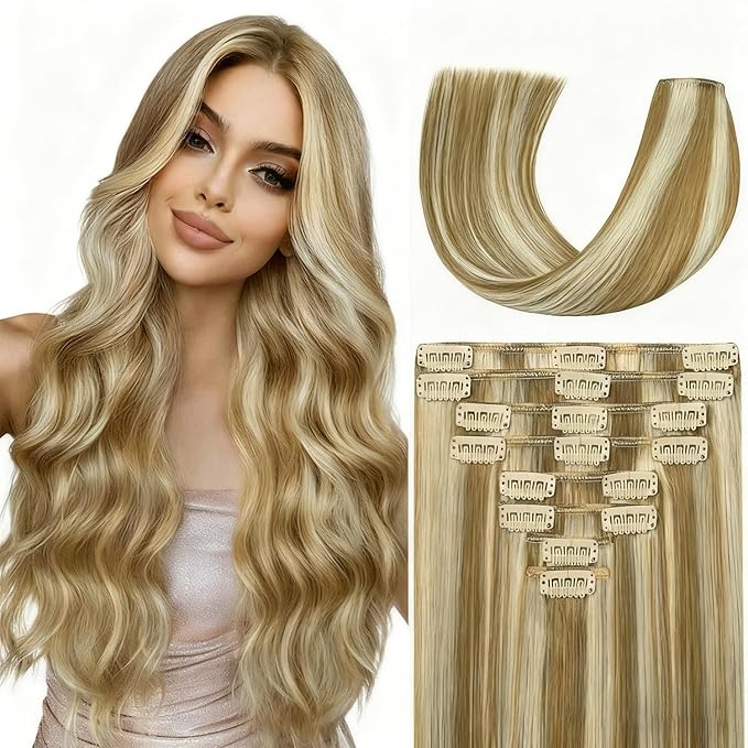 Blonde Clip in Hair Extensions Real Human Hair, 20 Inch 105g Natural Human Hair, Remy Human Hair Extensions Cip ins for Women 8pcs Per Set #16/22 Light Blonde Highlighted Golden Blonde