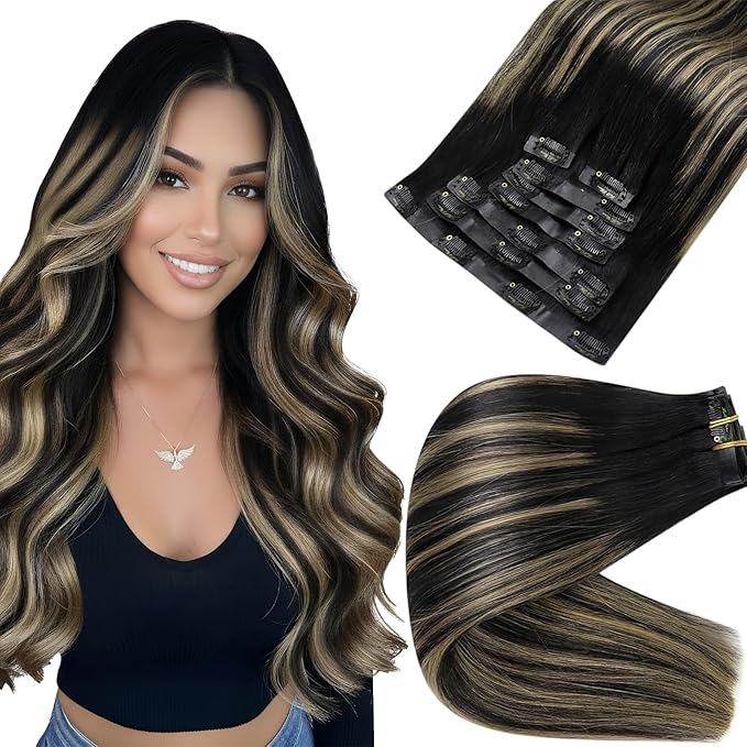 Full Shine Black Roots Hair Extensions Clip in Human Hair Ombre Black Mix Honey Blonde Seamless Hair Extension 22 Inch Clip in Invisible Hair Extension Add Volume for Long Natural Hair 120 G 8 Pcs