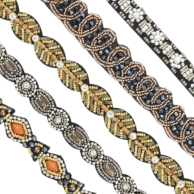 AMCAMI 5-Piece Rhinestone Beaded Hairband Set for Women - Fancy Elastic Headbands with Jeweled Crystal Beads - Handmade Hair Accessories for Women, Girls, and Ladies