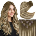 Ve Sunny Human Hair Clip in Extensions Balayage Clip in Hair Extensions Ombre Hair Extensions Clip ins Dark Brown to Light Brown with Blonde Clip on Extensions Easy to Use 16inch 120g 7pcs