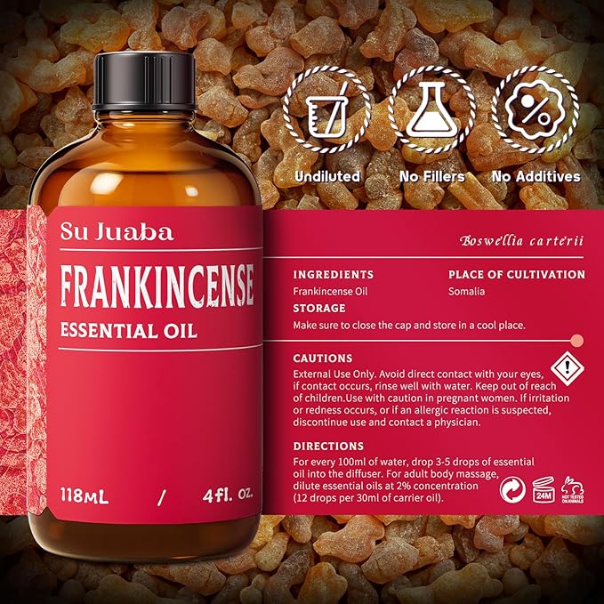 SU JUABA Frankincense Essential Oil 4 Fl Oz,100% Pure Frankincense Oil for Skin, Diffuser, Aromatherapy -118ml