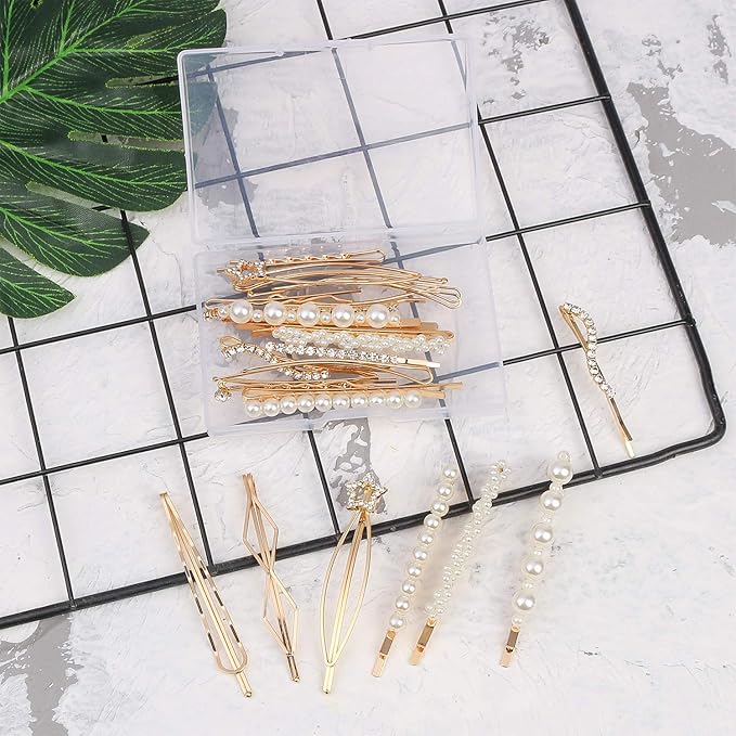 20 Pieces Elegant Hair Barrettes Bridal Golden Metal Hair Clip Artificial Pearl Hair Pins and Clear Rhinestone Bobby Pin for Weddings Hair Accessories