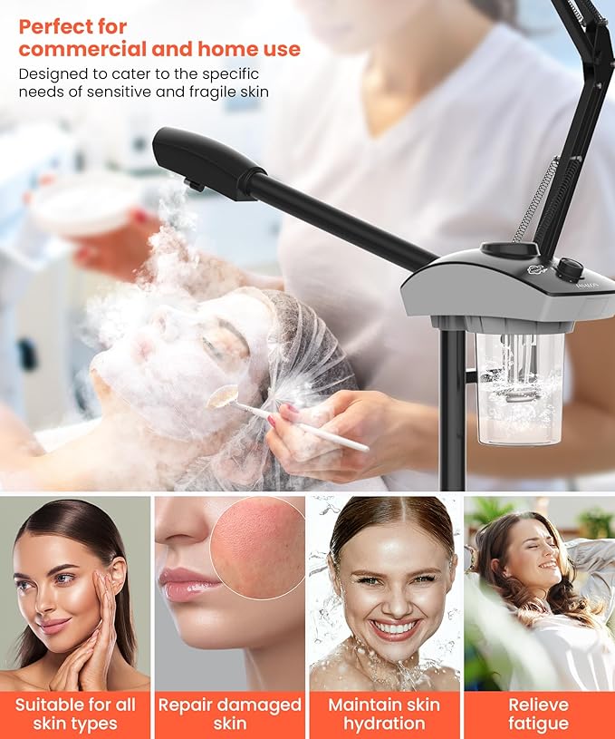 TASALON Professional Facial Steamer with 5X Magnifying Lamp, 2-in-1 Esthetician Steamer on Wheels with Ozone and Hot Mist, Ionic Facial Steamer for Facial Deep Cleaning and Moisturize
