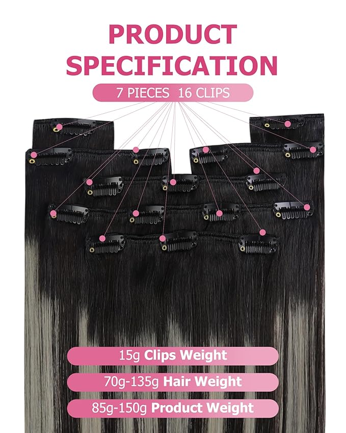 YoungSee Balayage Clip in Hair Extensions Black Silver Clip in Human Hair Extensions Ombre Black Mix Silver Clip in Hair Extensions Real Human Hair for Women 24inch 7Pcs 120G