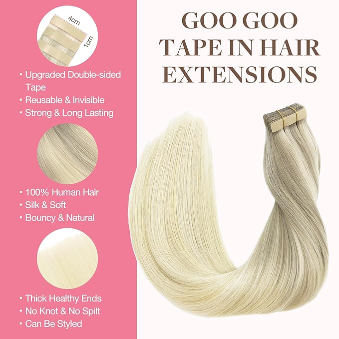 GOO GOO Tape in Hair Extensions Human Hair, 17/22/60 Ash Blonde to Golden Blonde and Platinum Blonde, 18inch 50g 20pcs, Skin Weft Seamless Invisible, Silky Straight with Thick Ends, Remy Human Hair