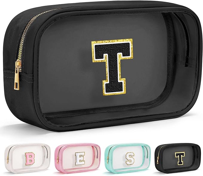 YOOLIFE Travel Toiletry Bag for Women, Black Clear Makeup Bag Cute Make Up Bag Cosmetic Bags Skin Care Makeup Bag Organizer Birthday Gifts for Women Teacher Mother Girlfriend Initial T