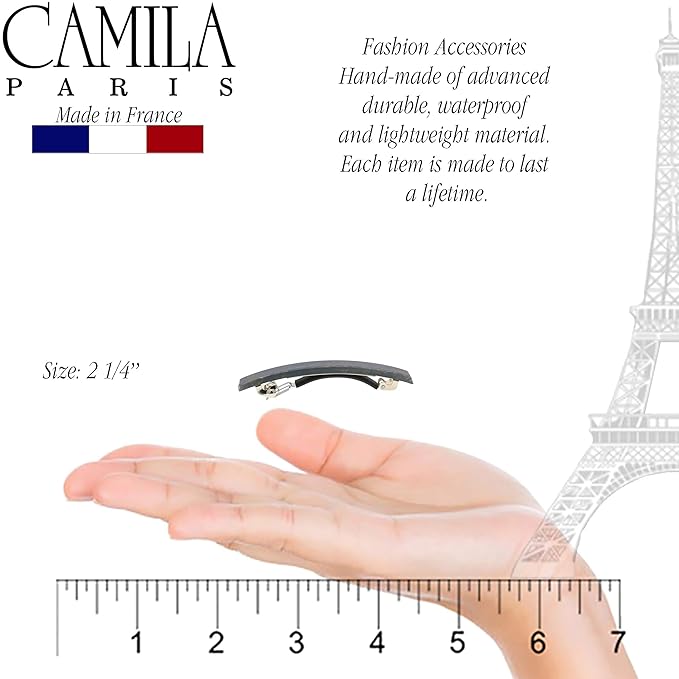 Camila Paris CP3076 French Hair Barrette Clip for Girls, Set of 2 Grey Rubberized Metal Clasp Strong Hold Grip Hair Clips for Women, No Slip Durable Styling Girls Hair Accessories, Made in France