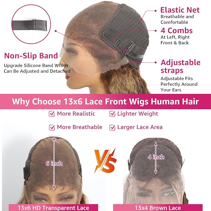 Honey Blonde Deep Wave Lace Front Wigs Human Hair 200 Density 13x6 HD Lace Front Wigs Ombre Human Hair Wig Glueless P4/27 Highlight Wig for Women Pre Plucked with Natural Hairline (24 Inch)