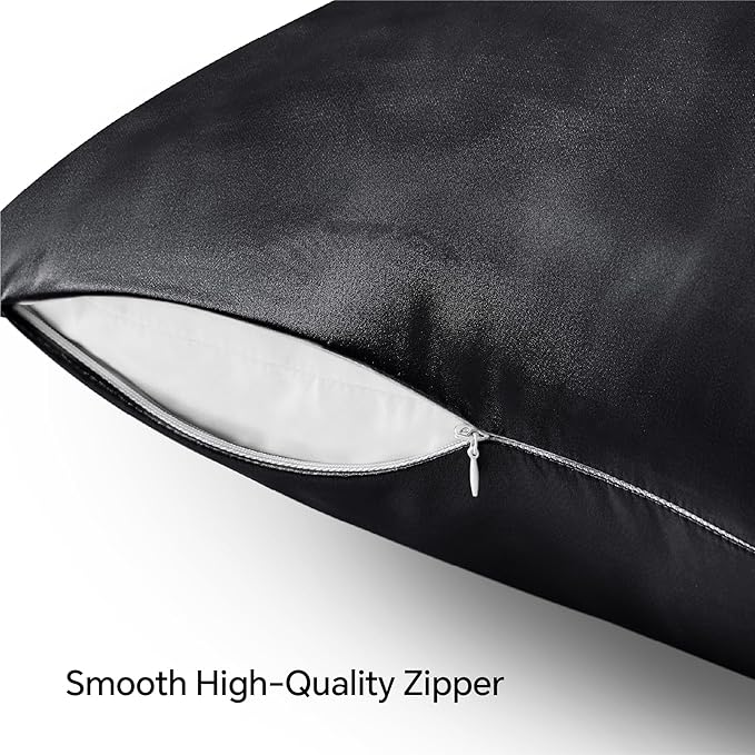 BEDELITE Satin Pillowcase with Zipper, Black Pillow Cases Queen Size Set of 2, Super Soft and Cooling Similar to Silk Pillow Cases, Gift for Women Men(20x30 Inches)
