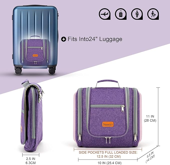 Hanging Travel Toiletry Bag for Women and Men, 6 Organizer Compartments, Extra Large Toiletries Bag, Bathroom Cosmetic Bag, Water-resistant Makeup Bag, Holds Full-Size Shampoo, Purple