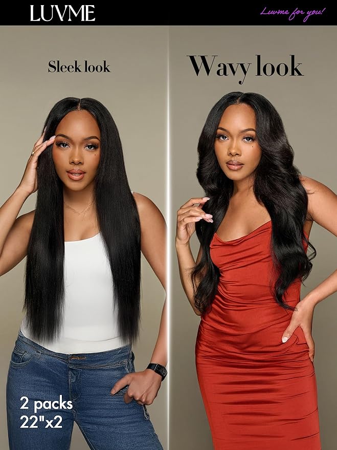 LUVME Yaki Straight Seamless 2 Pack 220g 14Pcs Clip in Hair Extensions Full Max with 20inch Remy Human Hair Extensions, Natural Black 100% Real Soft Hair