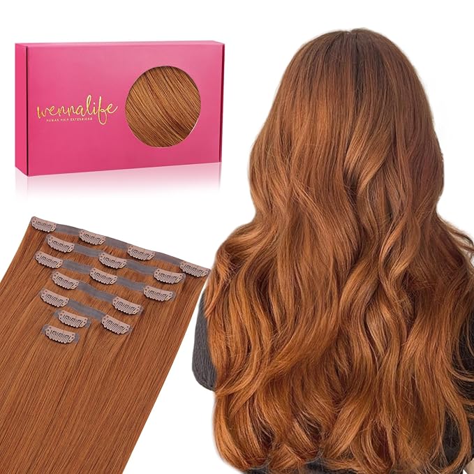 WENNALIFE Seamless Clip In Hair Extensions Human Hair, 24 Inch 160g 7pcs Dirty Ginger Real Hair Extensions Clip in Human Hair Invisible PU Skin Weft Natural Remy Hair