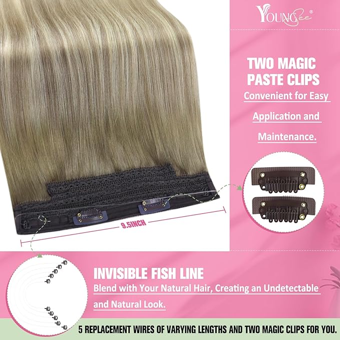YoungSee 120G Wire Hair Extensions Human Hair Ombre Hair Extensions Invisible Wire Balayage Ash Blonde Ombre Platinum Blonde Fish Line Extensions 18Inch