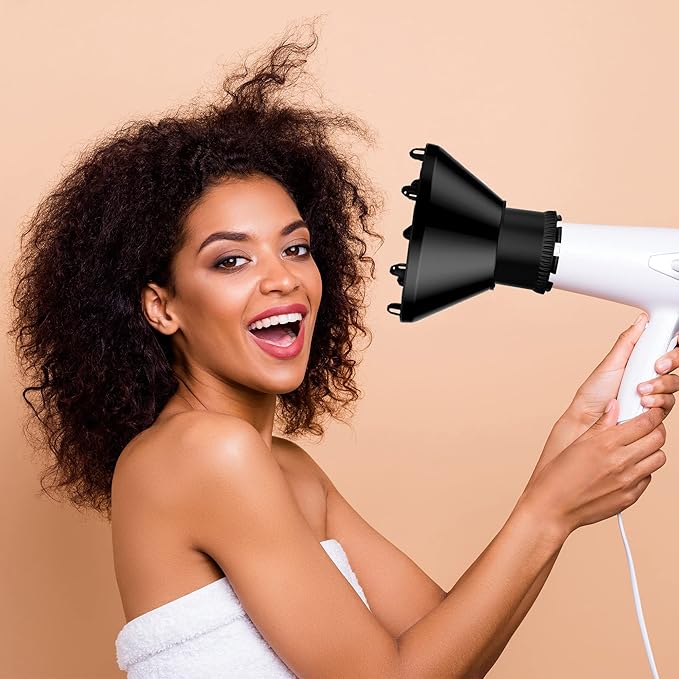 Universal Hair Diffuser Adaptable Hair Dryer Attachment for Blow Dryer Nozzles from 1.7 to 2.2 inch Diameter (Black with Shampoo Brush)