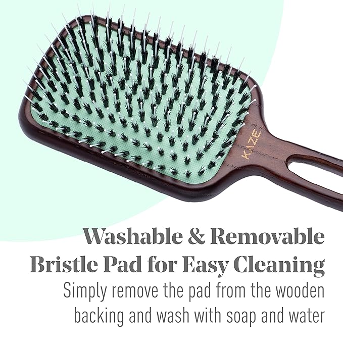 Eco-Friendly Boar Bristle Paddle Hair Brush for Women by MINT | Anti-Breakage Detangling Brush Great for Color-Treated Hair, Extensions and All Hair Types | Hand-Crafted Wooden Handle