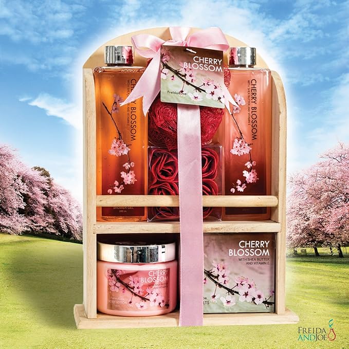 Deluxe Cherry Blossom Spa Basket - Home Spa Set with Bubble Bath, Bath Salts, Body Lotion, Bath Puff, and Rose Soaps in Wooden Curio